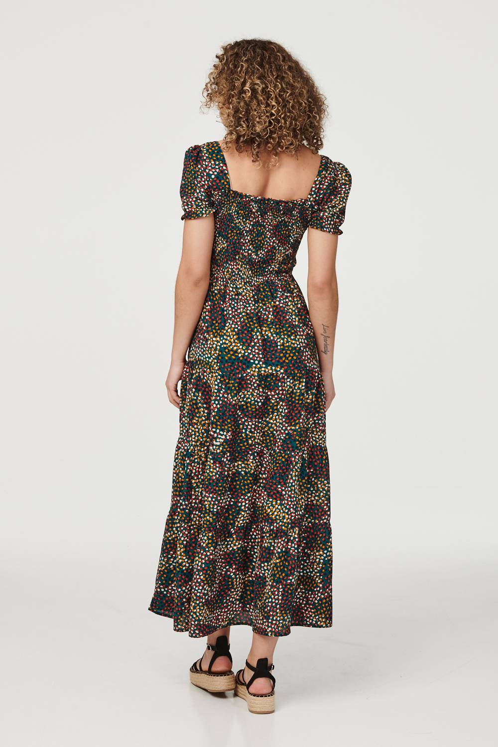 Green | Ditsy Print Puff Sleeve Midi Dress