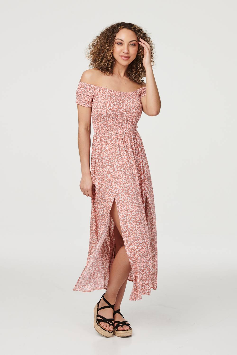 Coral | Ditsy Floral Off The Shoulder Dress