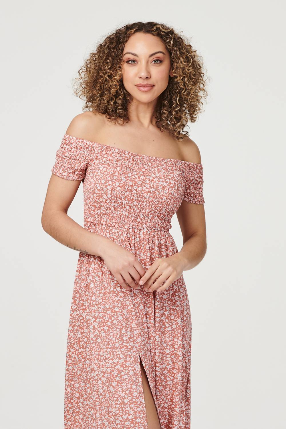Coral | Ditsy Floral Off The Shoulder Dress