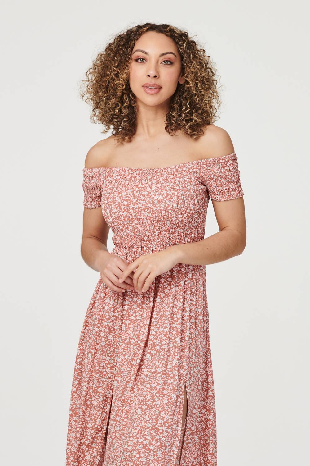 Coral | Ditsy Floral Off The Shoulder Dress