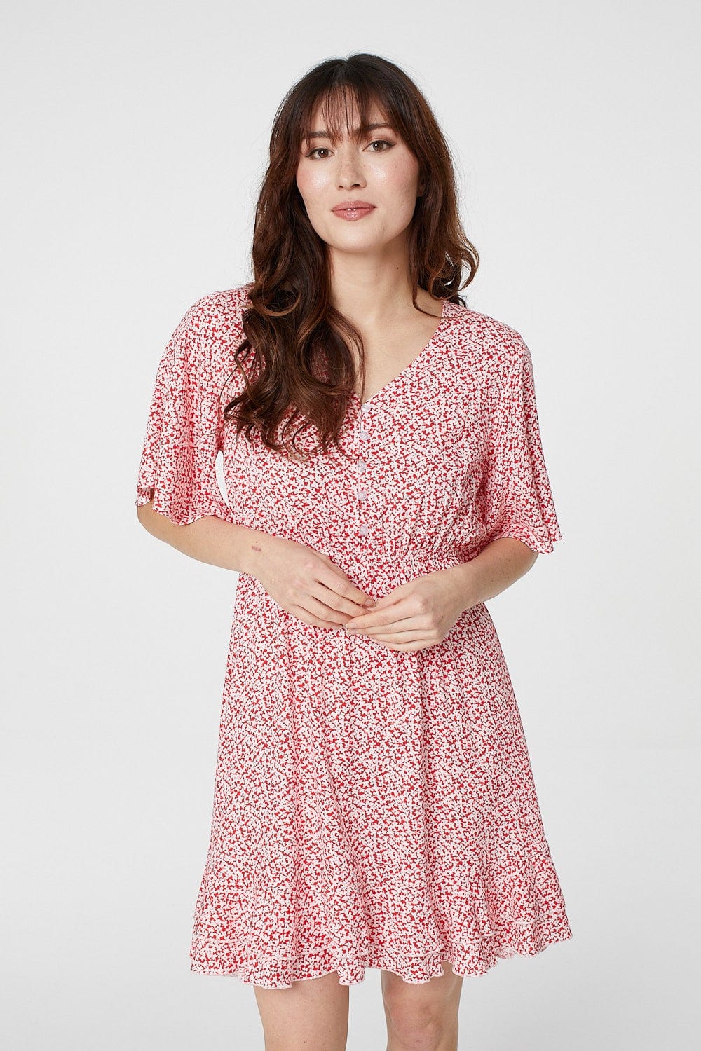Red | Ditsy Print Fit & Flare Mini Dress