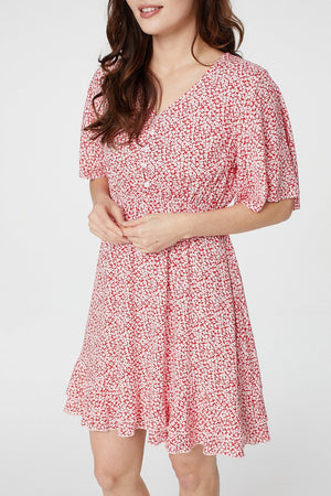 Red | Ditsy Print Fit & Flare Mini Dress