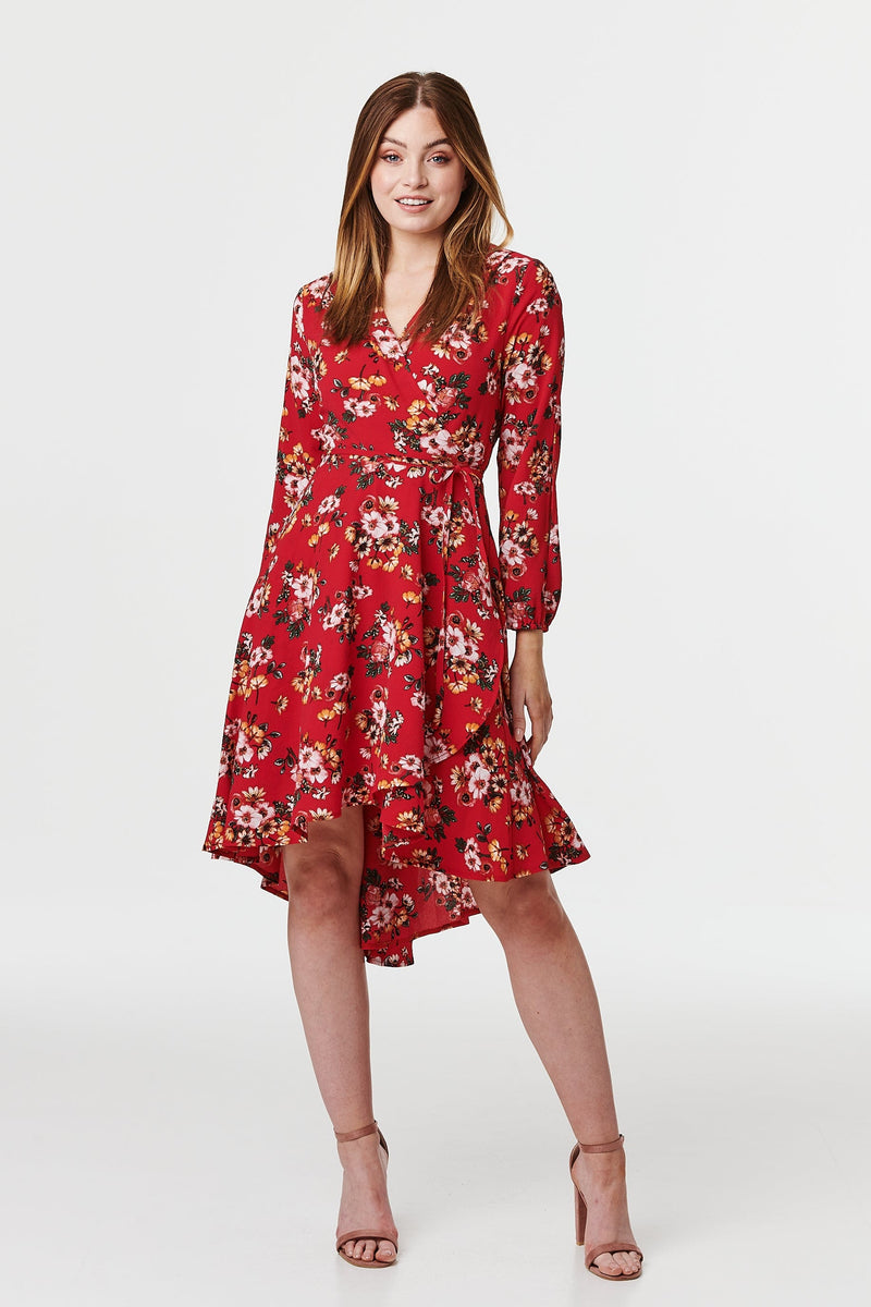 Red | Floral Wrap Front High Low Dress