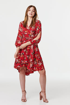 Red | Floral Wrap Front High Low Dress