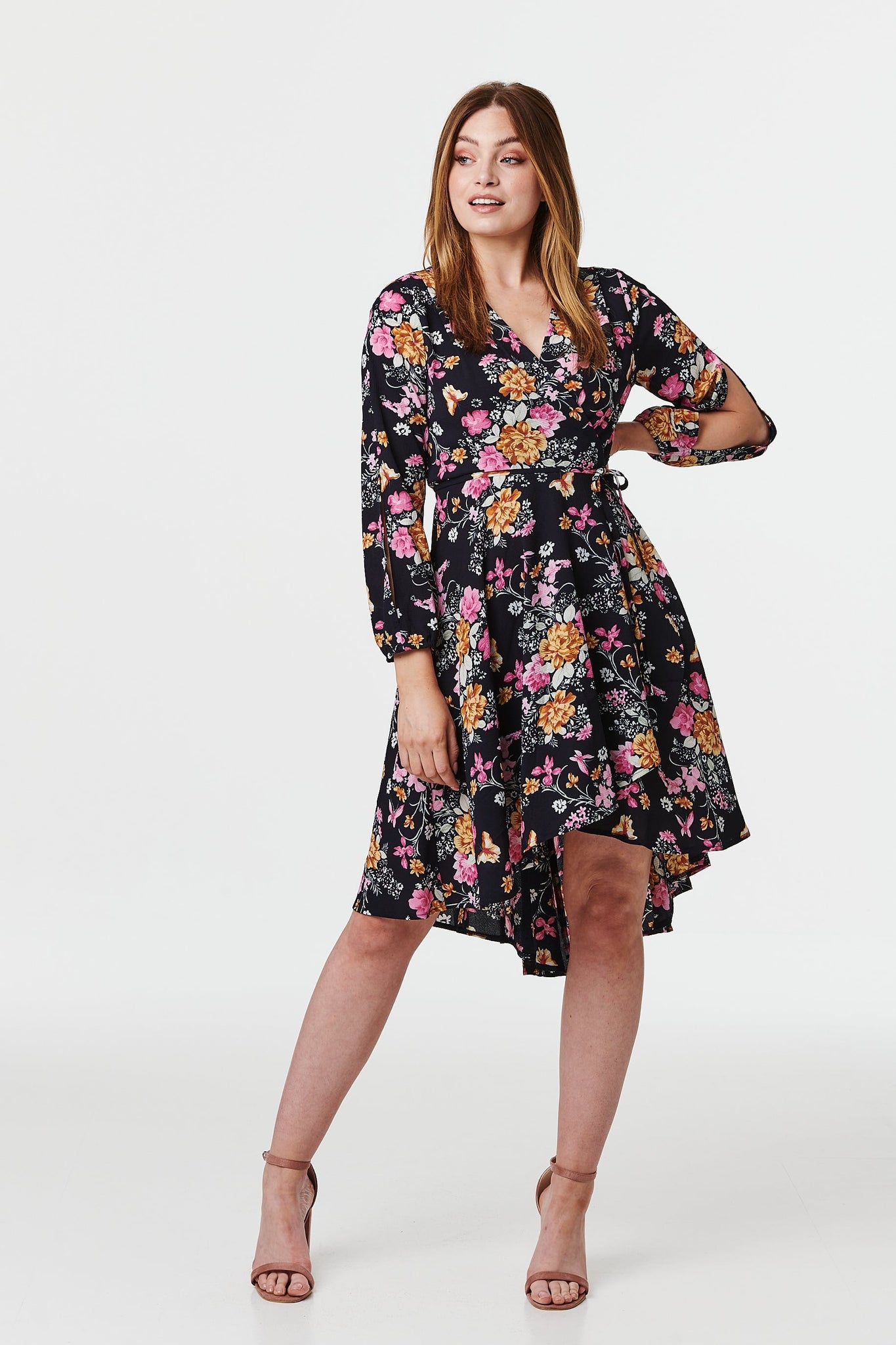 Navy | Floral Split Sleeve Wrap Dress