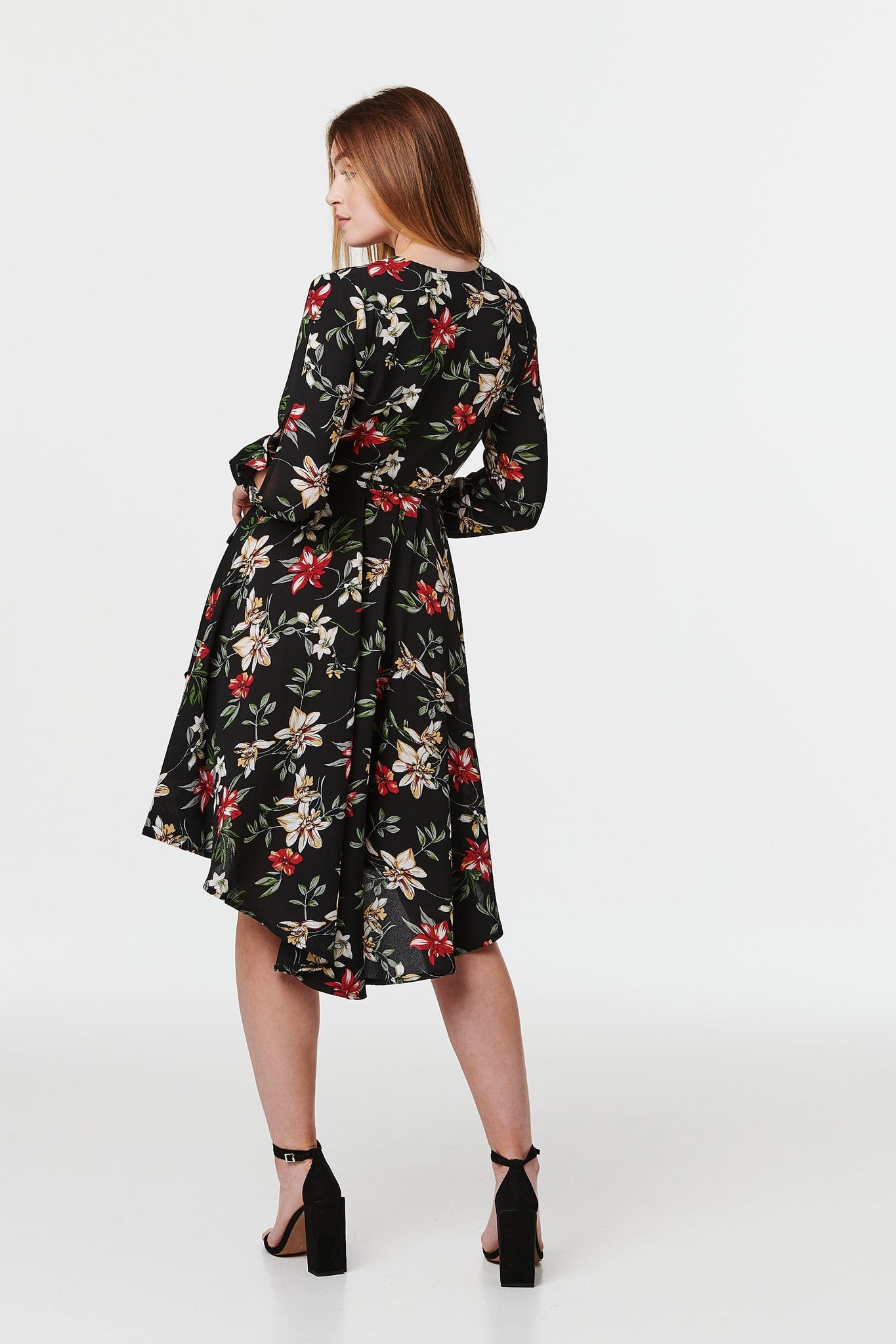 Black | Floral Long Sleeve Wrap Front Dress