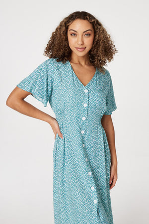 Teal | Ditsy Button Front Midi Dress