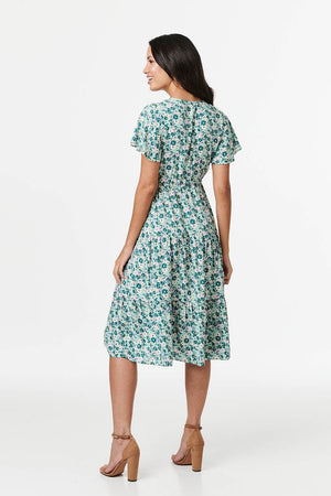 Green | Retro Floral Midi Smock Dress