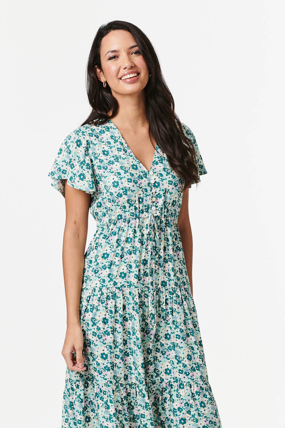 Green | Retro Floral Midi Smock Dress