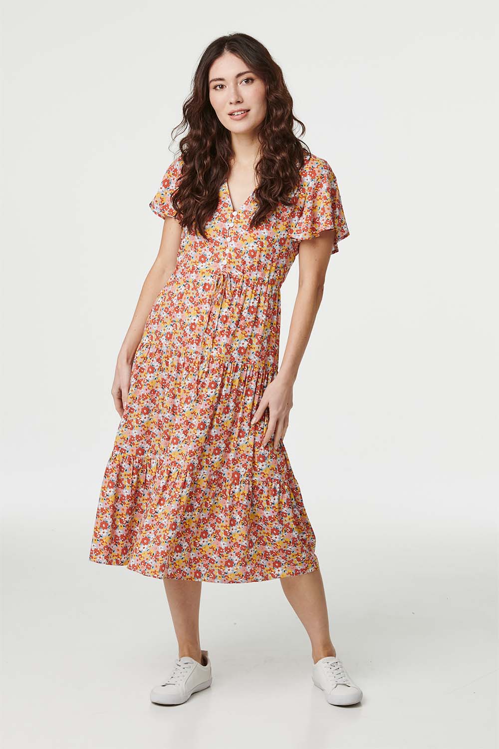 Orange | Retro Floral Midi Smock Dress