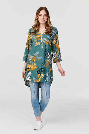 Green | Tropical Print Zip Front Tunic Dress