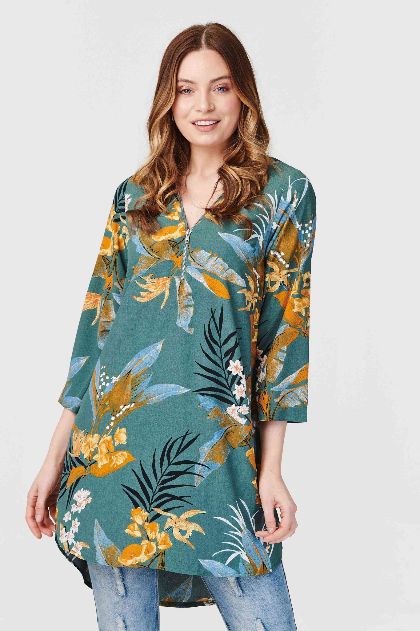 Green | Tropical Print Zip Front Tunic Dress