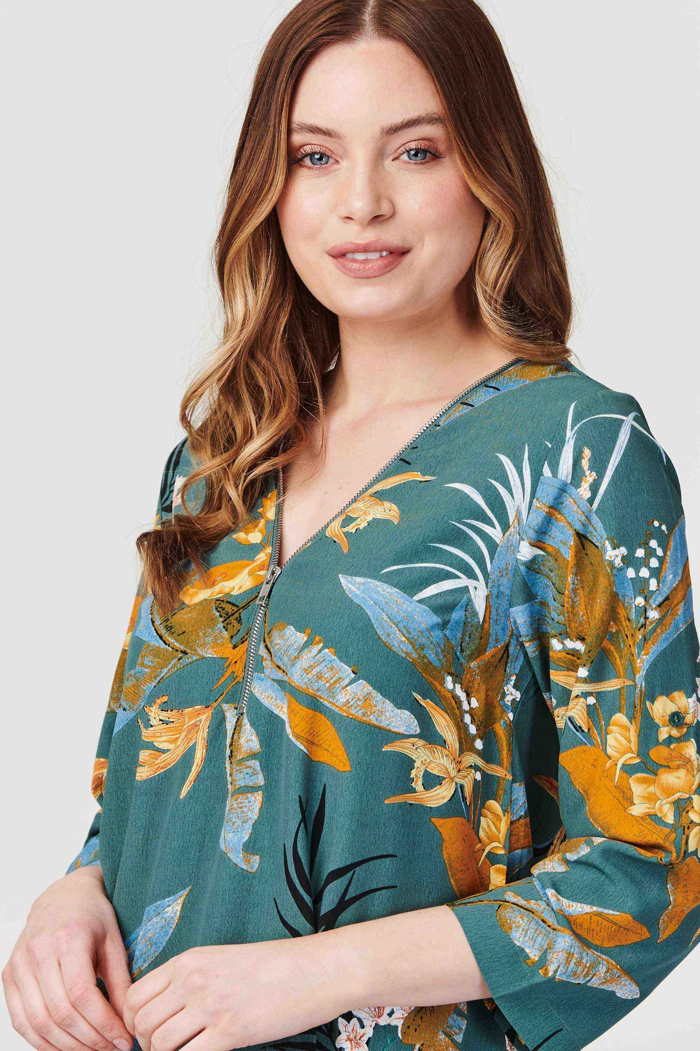 Green | Tropical Print Zip Front Tunic Dress