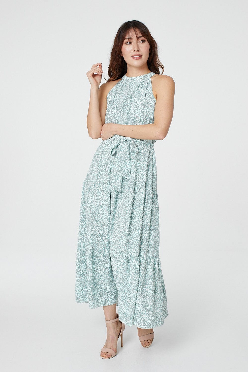 Sage | Leaf Print Halterneck Maxi Dress