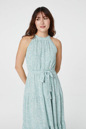Sage | Leaf Print Halterneck Maxi Dress