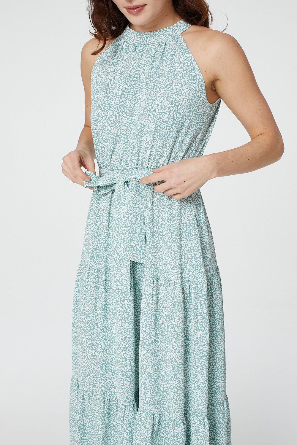 Sage | Leaf Print Halterneck Maxi Dress
