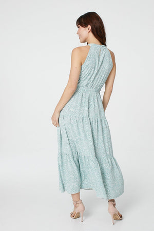 Sage | Leaf Print Halterneck Maxi Dress