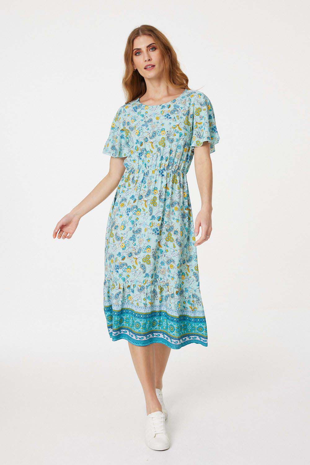 Green | Floral Angel Sleeve Midi Dress