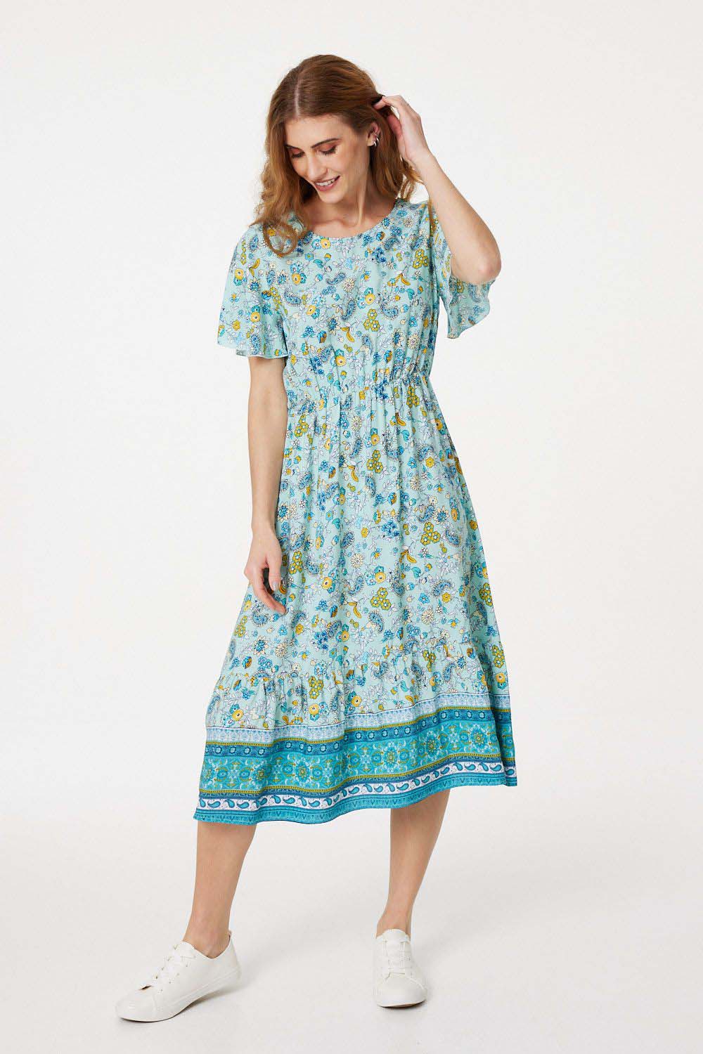 Green | Floral Angel Sleeve Midi Dress