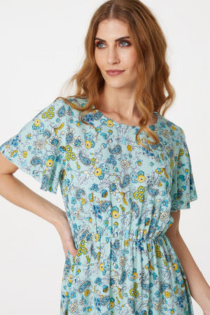 Green | Floral Angel Sleeve Midi Dress