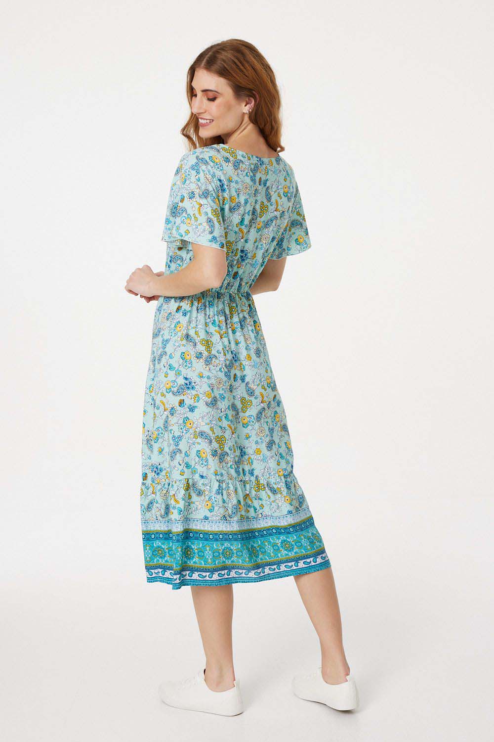 Green | Floral Angel Sleeve Midi Dress