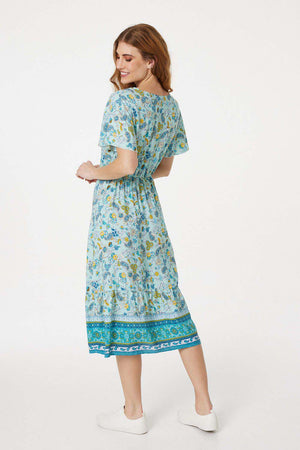 Green | Floral Angel Sleeve Midi Dress