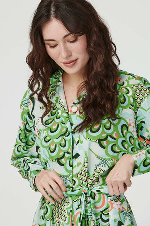 Green | Retro Floral Mini Shirt Dress