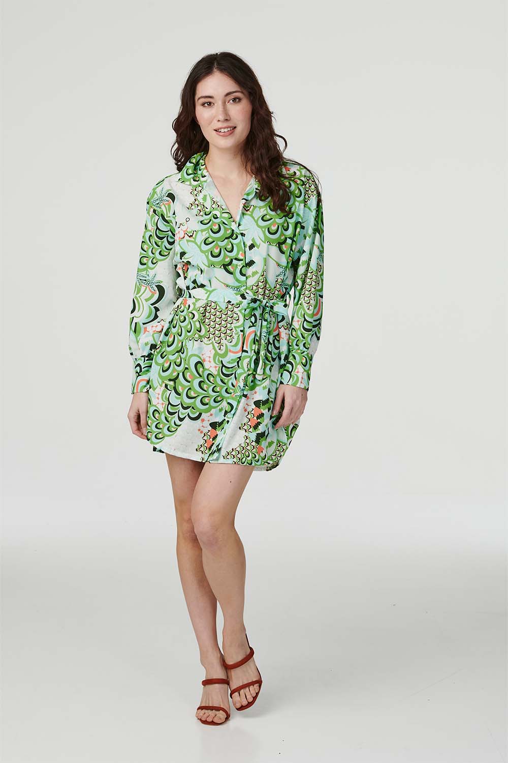 Green | Retro Floral Mini Shirt Dress