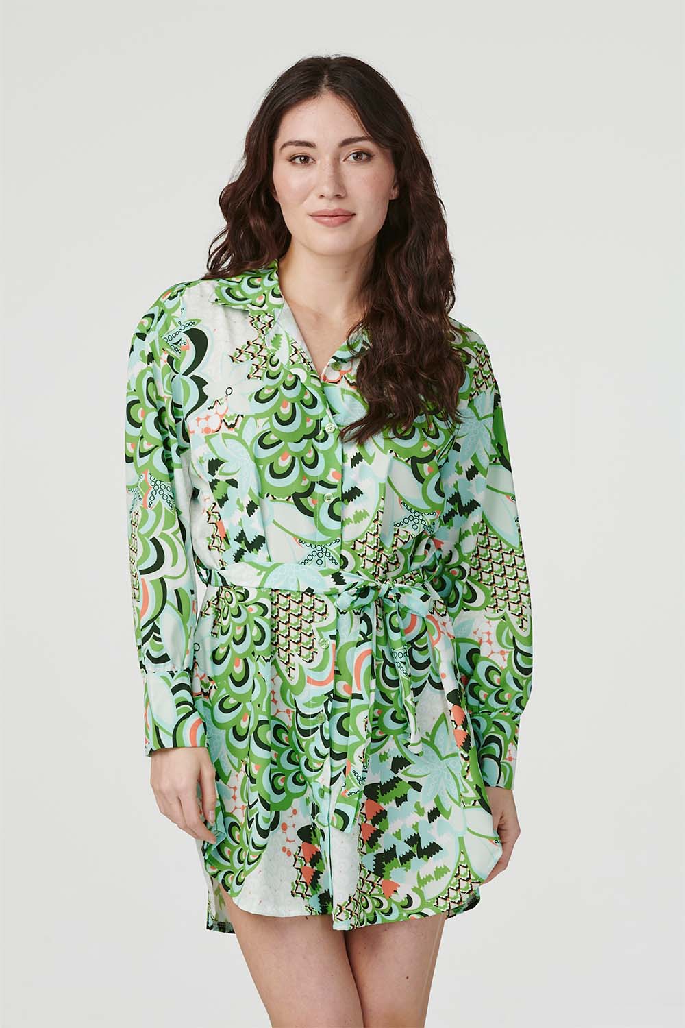 Green | Retro Floral Mini Shirt Dress