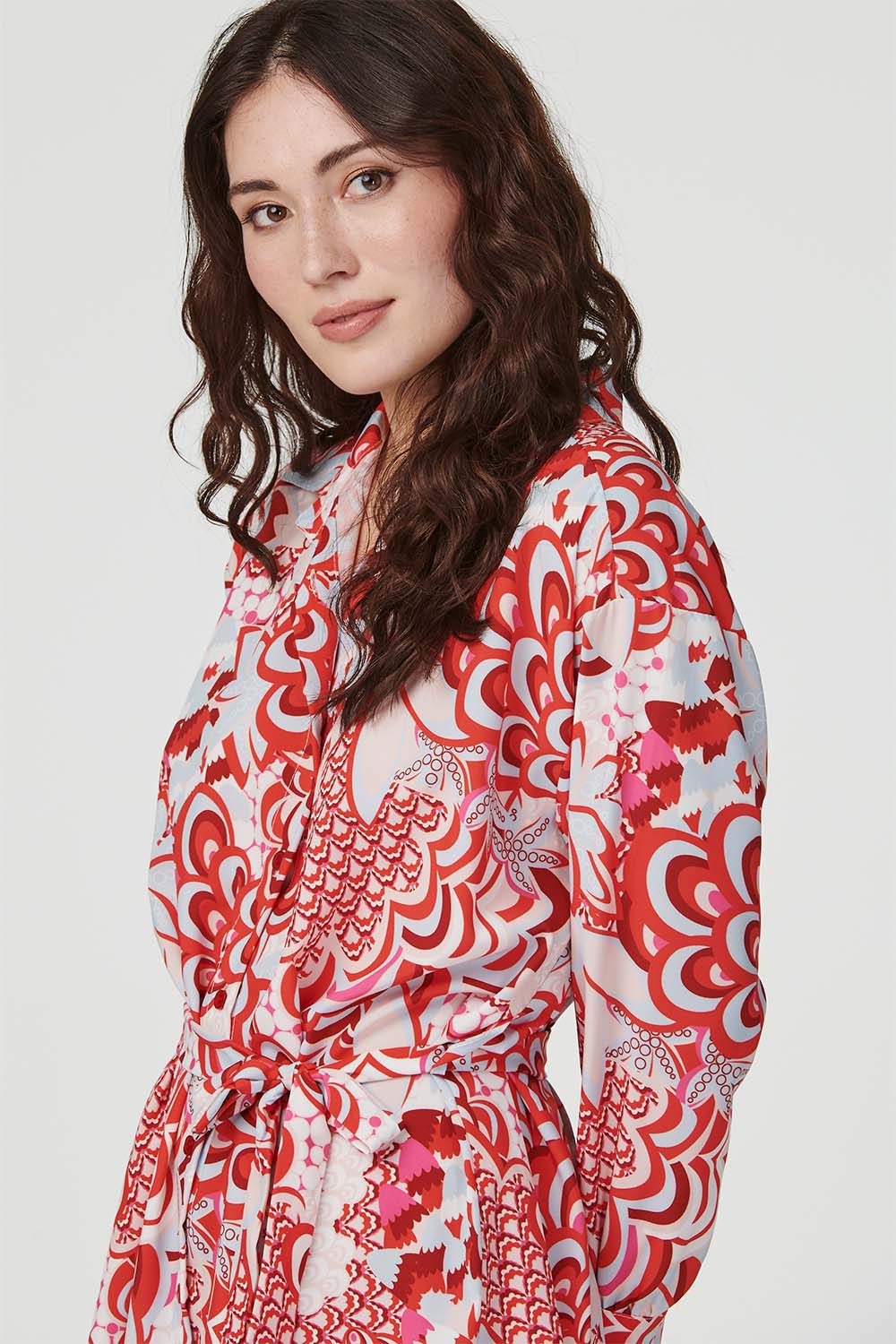 Red | Retro Floral Mini Shirt Dress