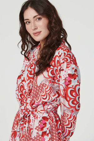 Red | Retro Floral Mini Shirt Dress
