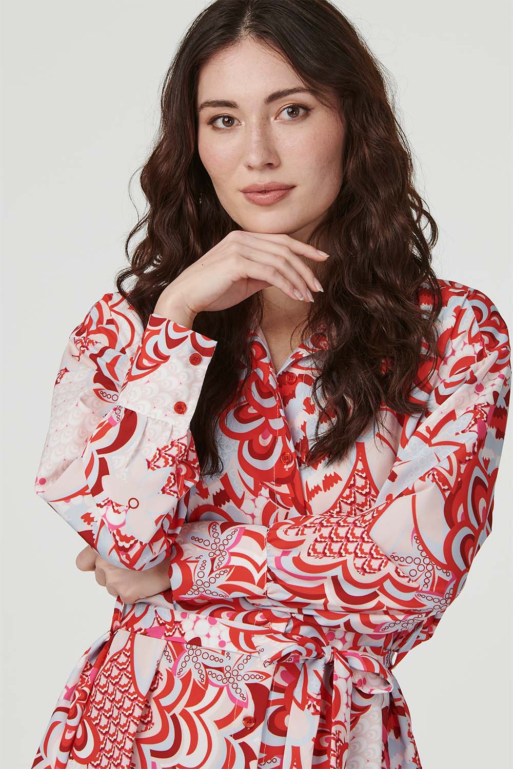 Red | Retro Floral Mini Shirt Dress