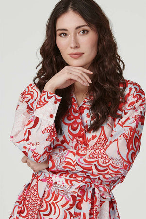 Red | Retro Floral Mini Shirt Dress