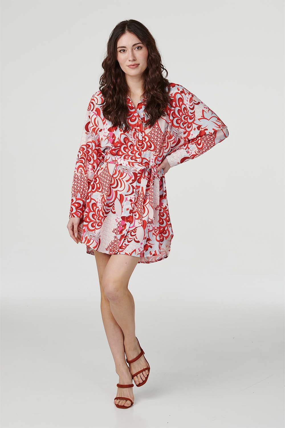 Red | Retro Floral Mini Shirt Dress