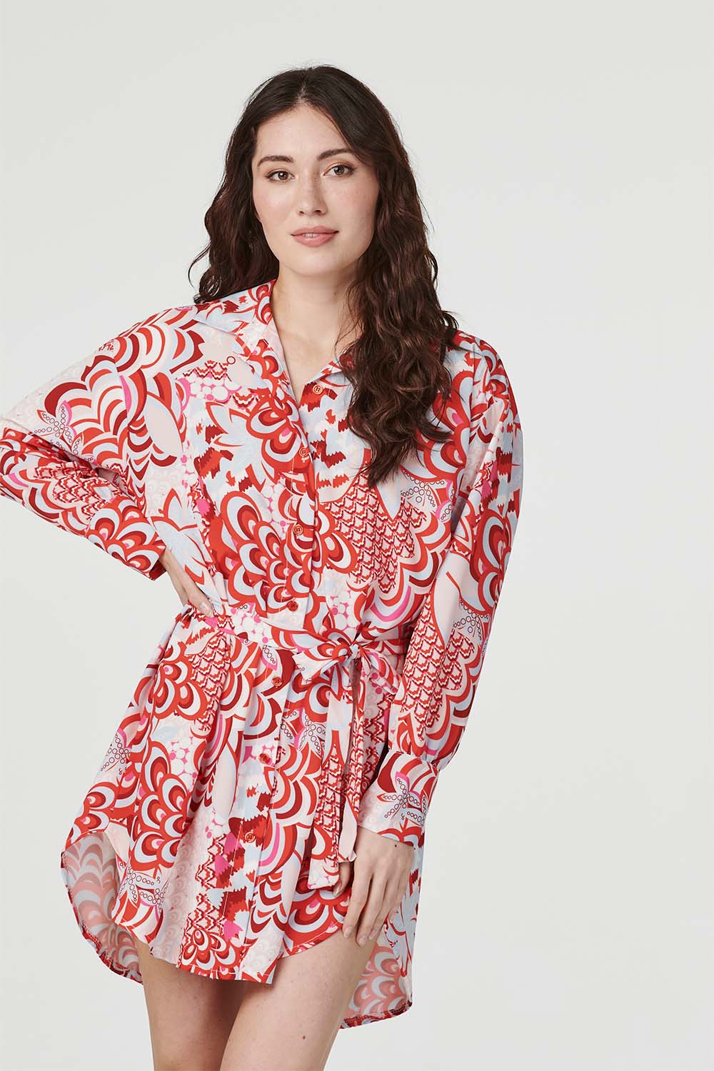 Red | Retro Floral Mini Shirt Dress