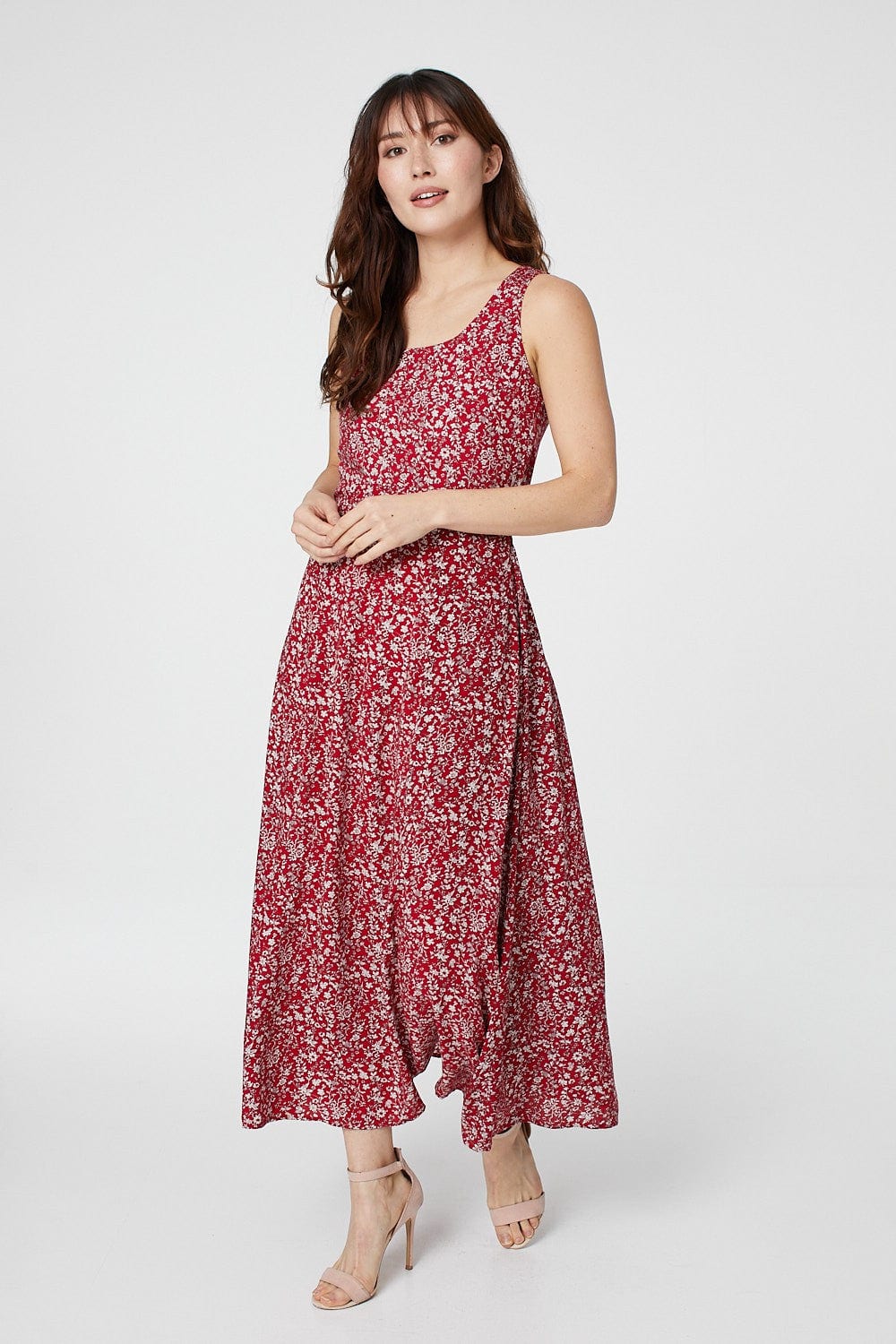 Red | Ditsy Floral Cut Out Back Maxi Dress