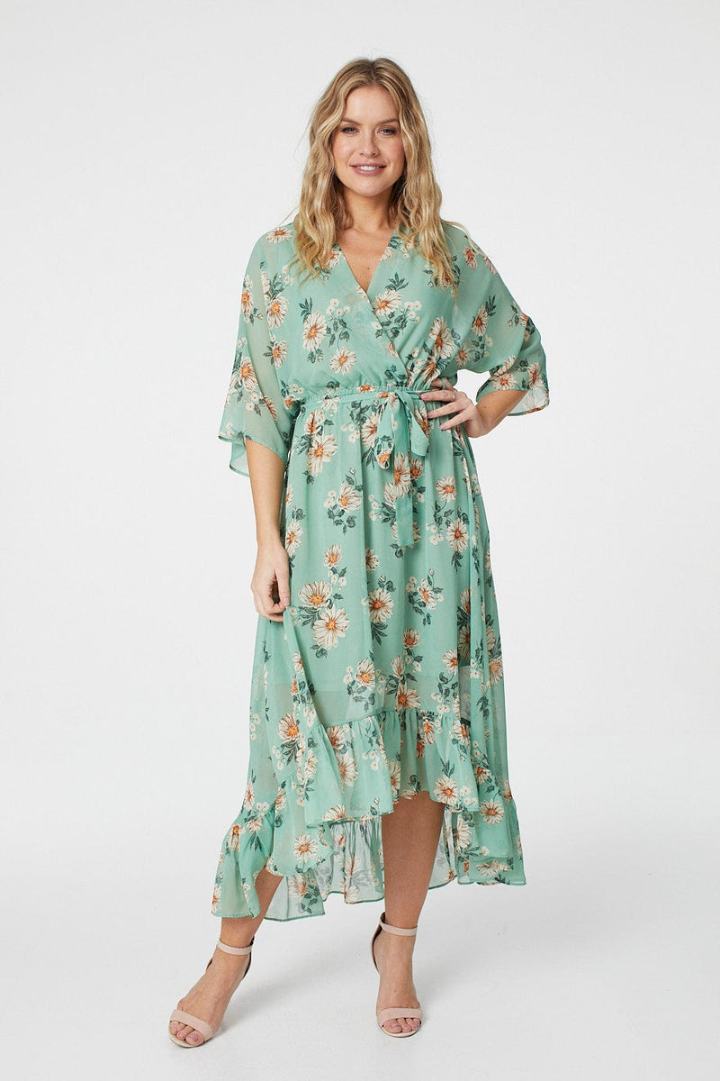 Green | Floral 3/4 Sleeve Midi Wrap Dress