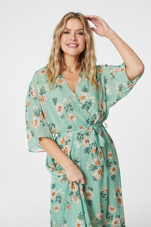Green | Floral 3/4 Sleeve Midi Wrap Dress