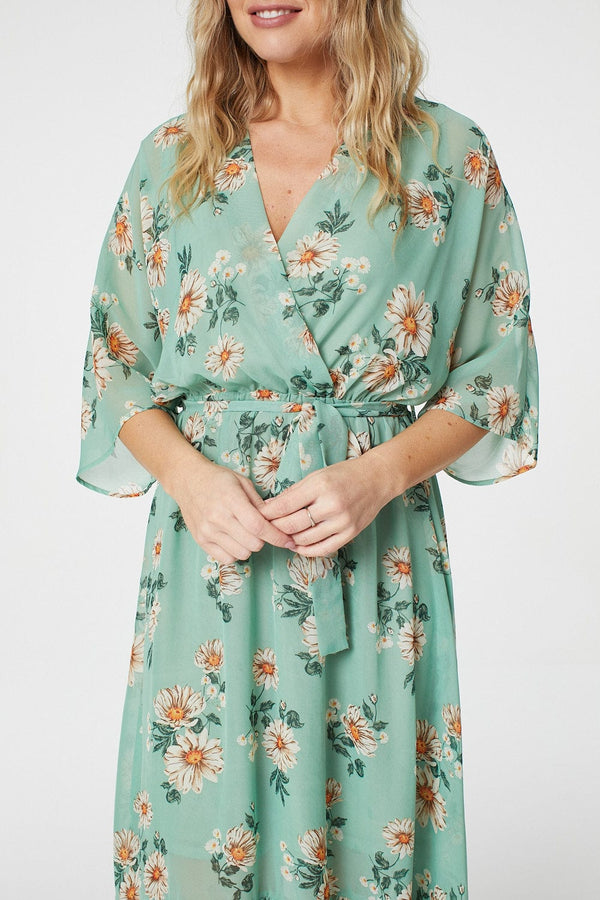 Green | Floral 3/4 Sleeve Midi Wrap Dress