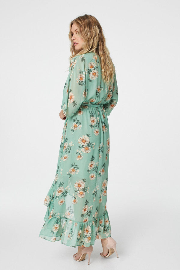 Green | Floral 3/4 Sleeve Midi Wrap Dress