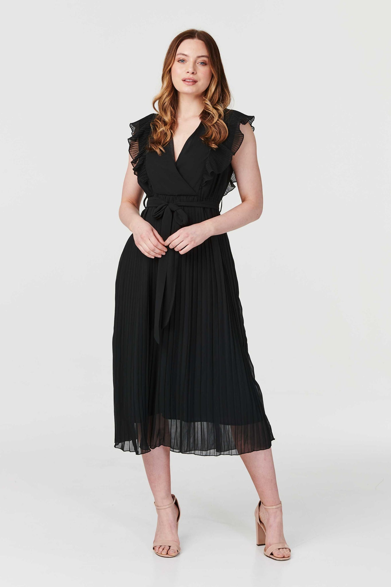 Black | Pleated Tie Waist Midi Dress