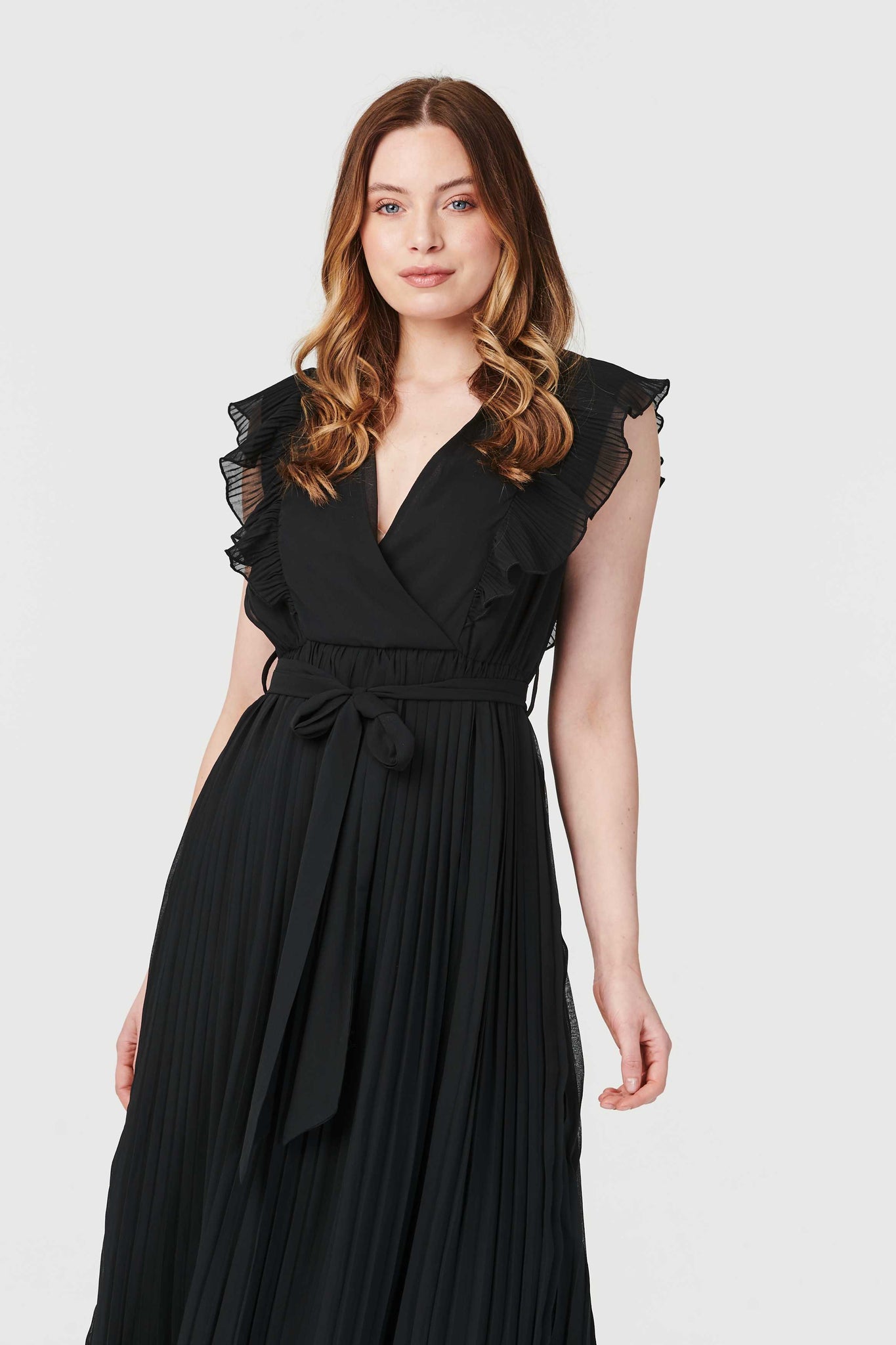 Black | Pleated Tie Waist Midi Dress