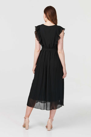Black | Pleated Tie Waist Midi Dress