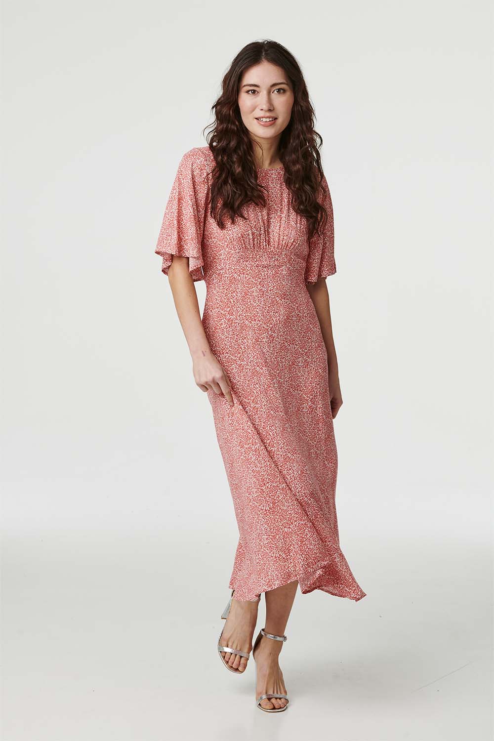 Coral | Ditsy Floral Flared Sleeve Midi Dress