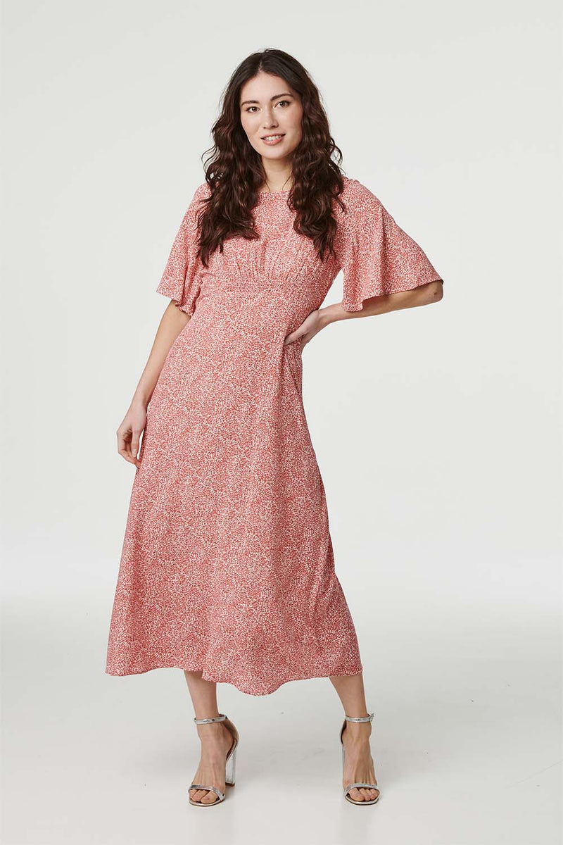 Coral | Ditsy Floral Flared Sleeve Midi Dress