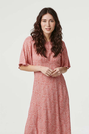 Coral | Ditsy Floral Flared Sleeve Midi Dress