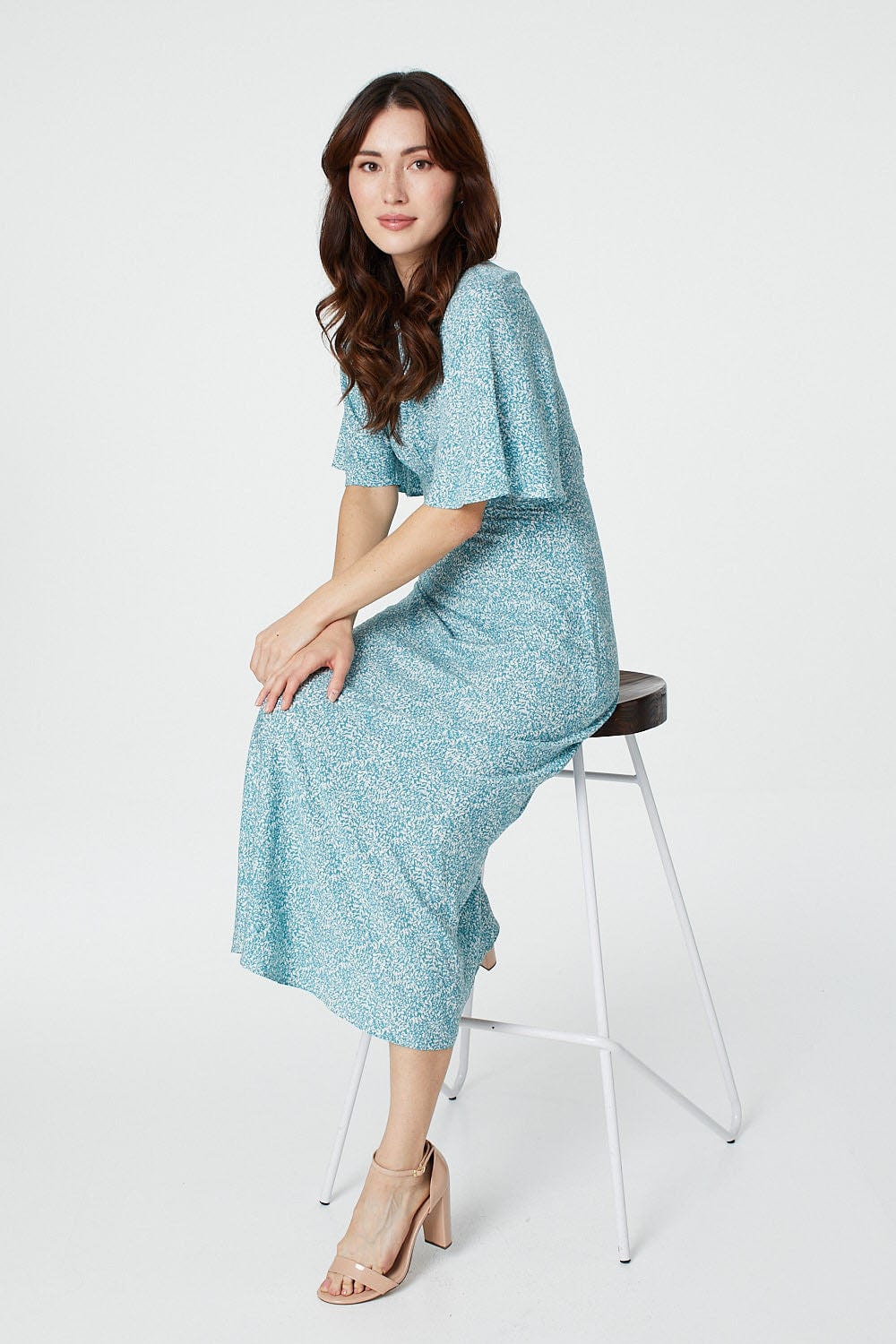 Sage | Ditsy Floral Flared Sleeve Midi Dress