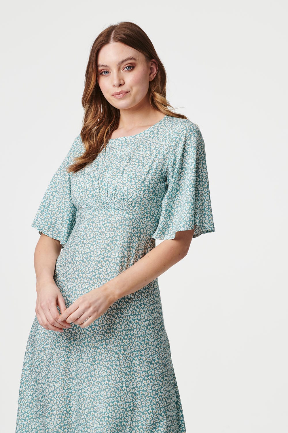Sage | Daisy Print 1/2 Sleeve Midi Dress
