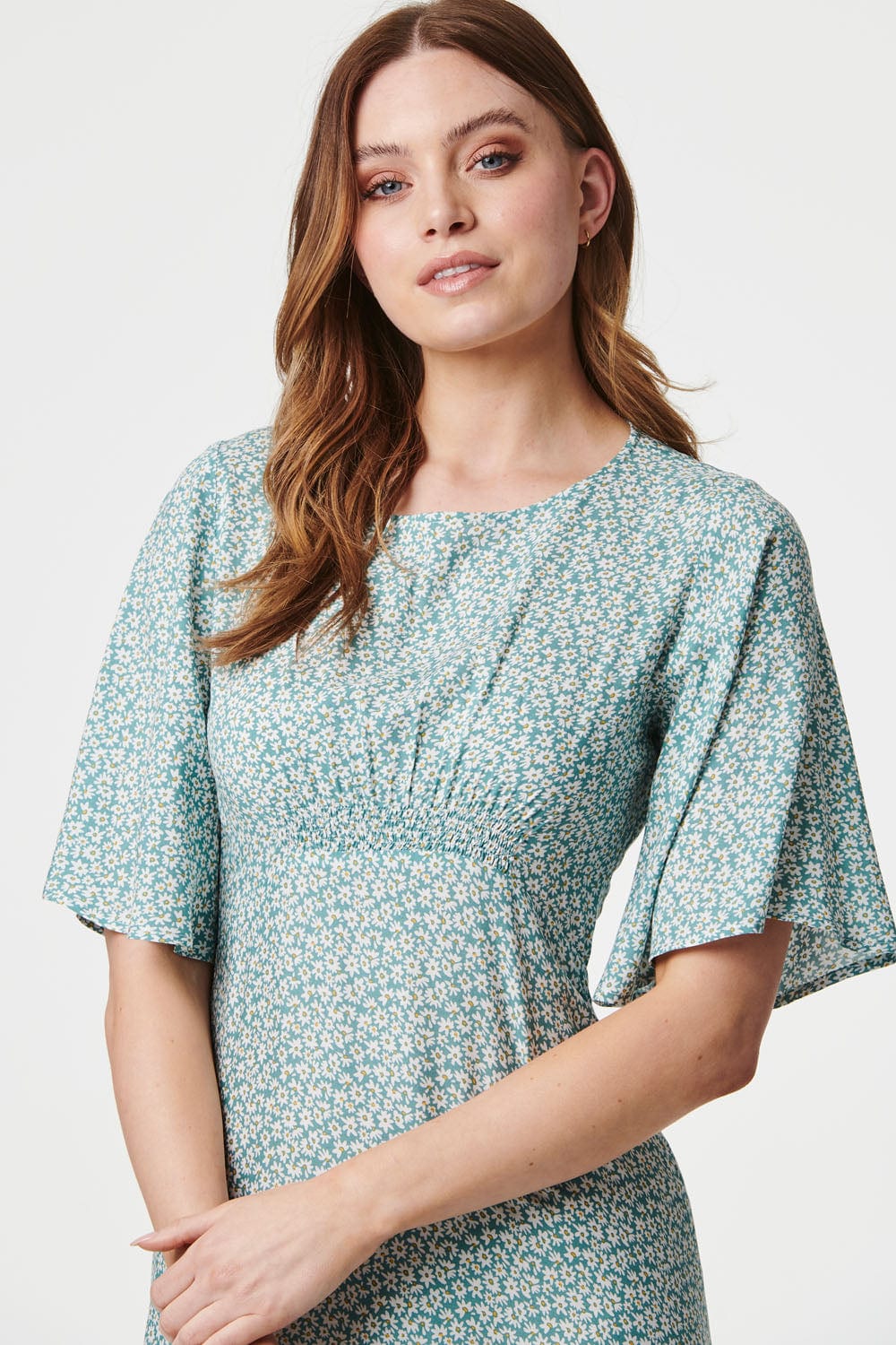 Sage | Daisy Print 1/2 Sleeve Midi Dress