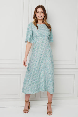 Sage | Daisy Print 1/2 Sleeve Midi Dress